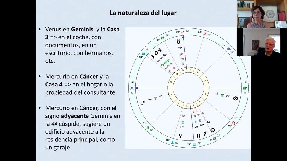 Slide from Anthony Louis's lost-objects class: the nature of the place. Venus in Gemini and the 3rd house point to the car, documents or a desk; Mercury in Cancer and the 4th house to the querent's home; the adjacent sign Gemini on the 4th cusp suggests a building next to the main residence, such as a garage.
