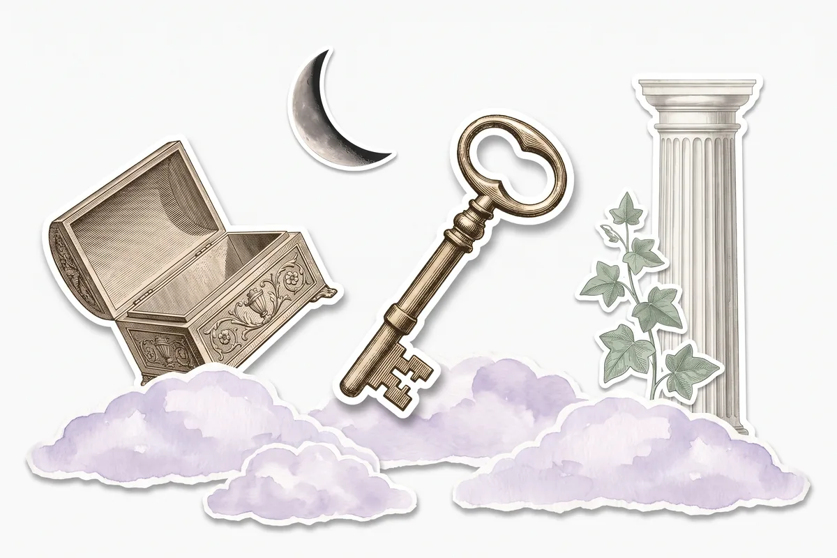 Surrealist collage: an antique brass key, an open and empty jewellery box, a waning moon and engraved ivy over lilac clouds