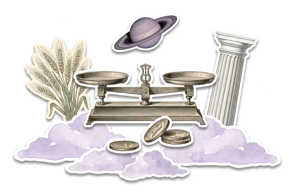 Surrealist collage: a brass balance scale with empty pans, antique coins, Saturn and an engraved sheaf of wheat over lilac clouds
